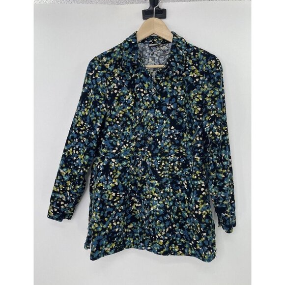 J.Jill Teal & Navy Floral Printed Corduroy Button-Up Long Sleeve Top Shirt Sz SP - Picture 1 of 11